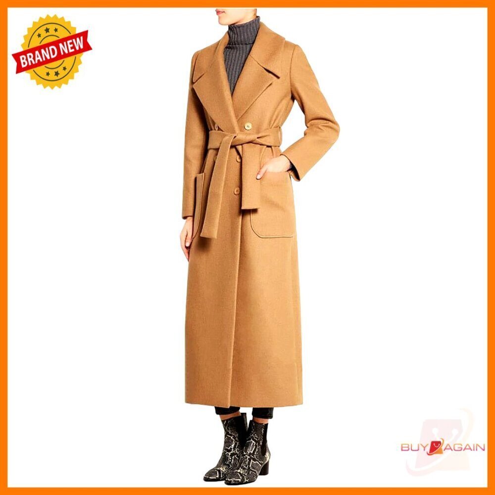 Elegant Lapel Collar Wool Blend Overcoat Double Breasted Belted Classic Chic